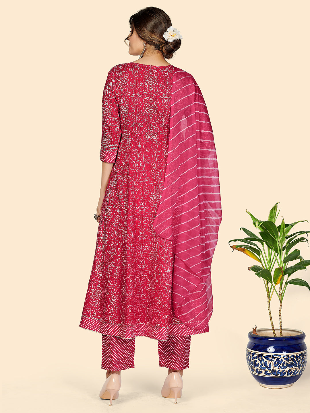 Dark Pink Bandhani Anarkali Cotton Kurta Set