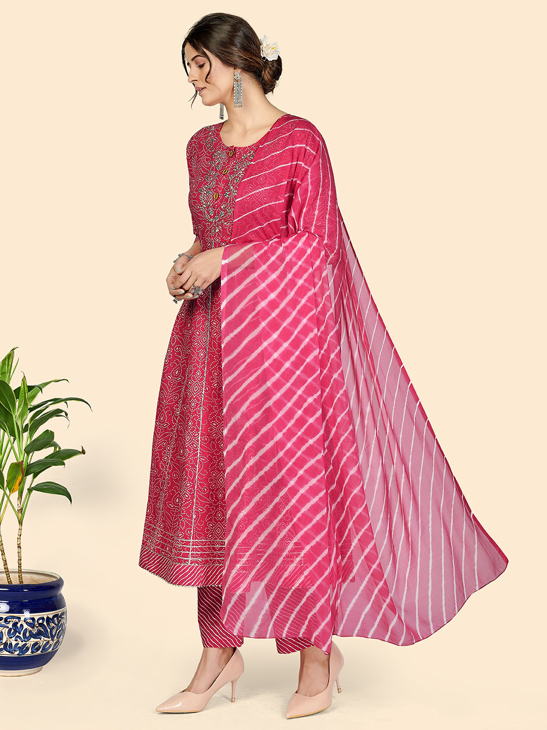 Dark Pink Bandhani Anarkali Cotton Kurta Set