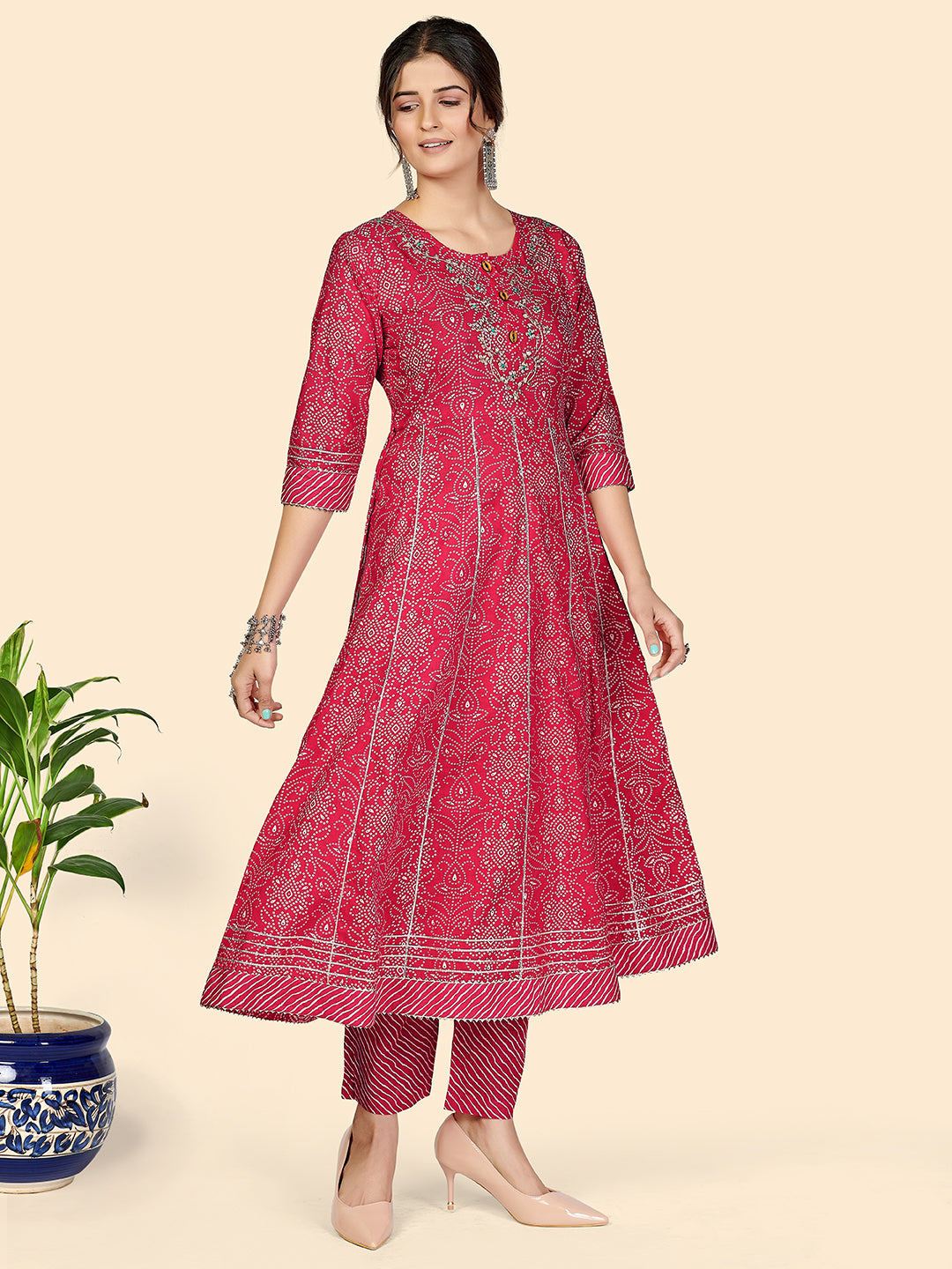 Dark Pink Bandhani Anarkali Cotton Kurta Set