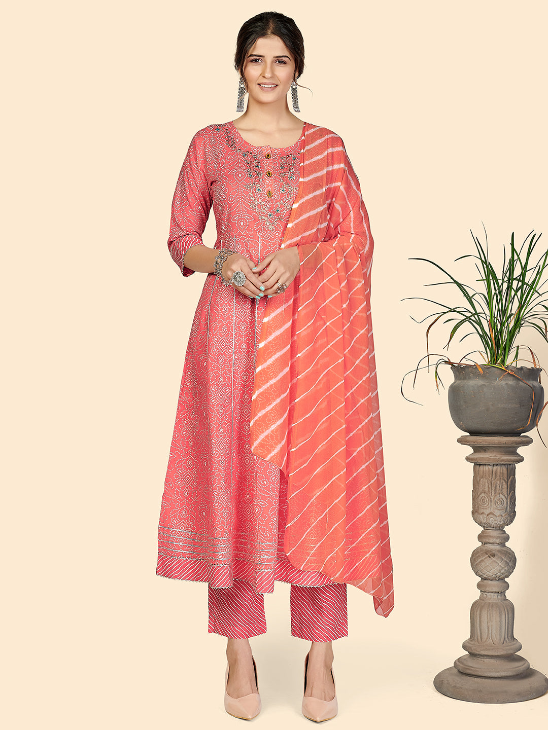 Pink Bandhani Anarkali Cotton Kurta Set
