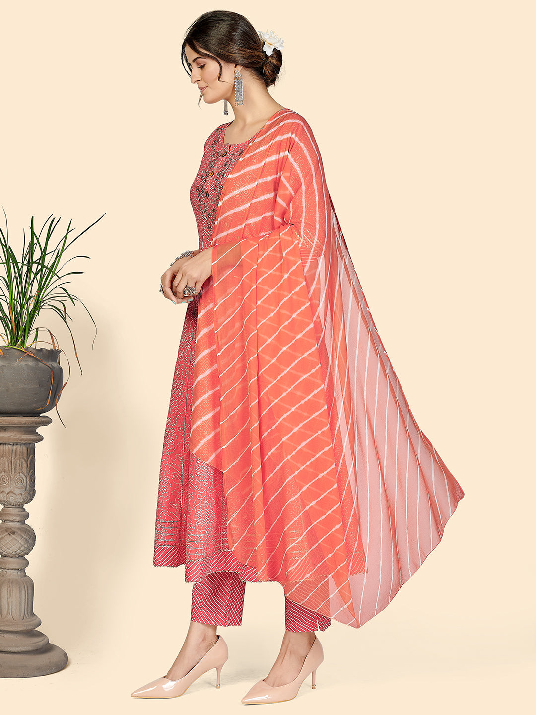 Pink Bandhani Anarkali Cotton Kurta Set