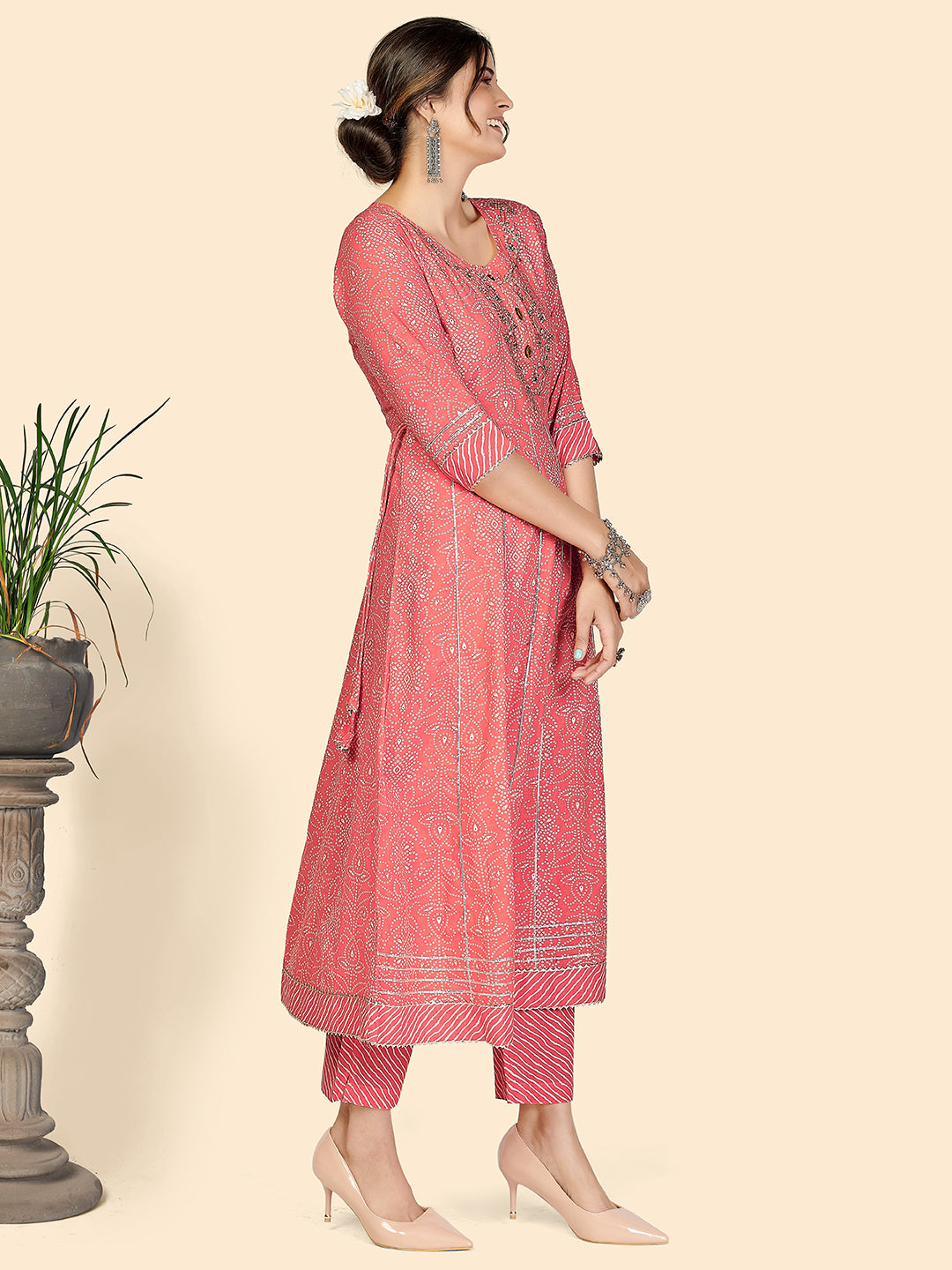 Pink Bandhani Anarkali Cotton Kurta Set