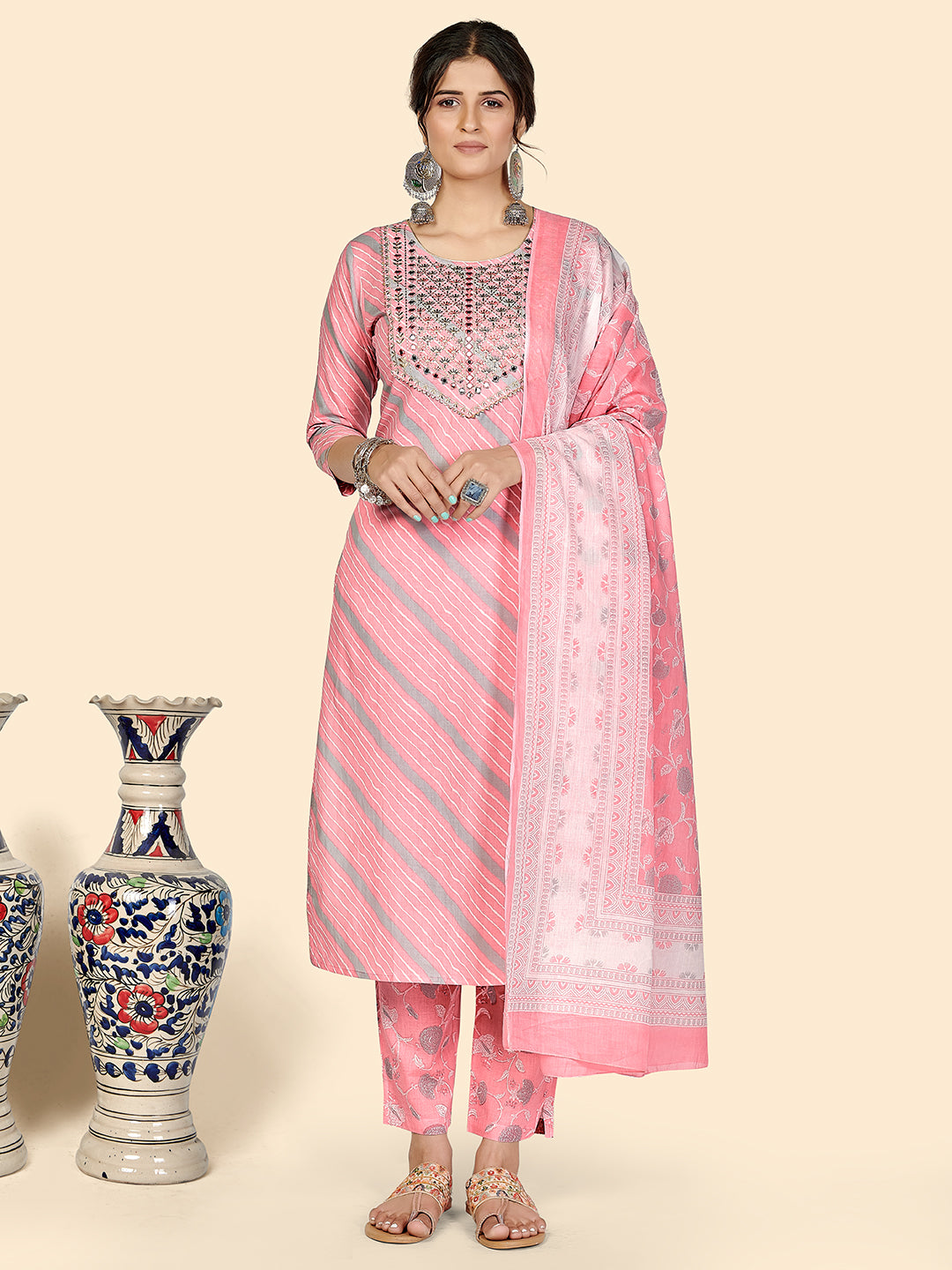 Light Pink Embroidered Straight Cotton Kurta Set