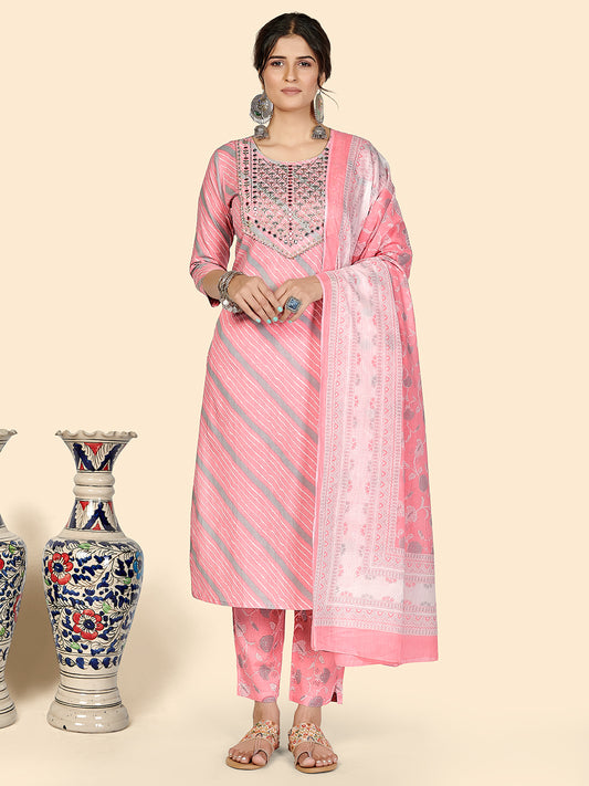Light Pink Embroidered Straight Cotton Kurta Set