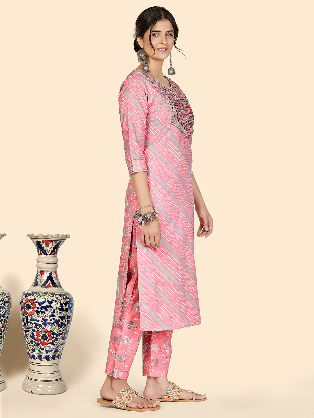Light Pink Embroidered Straight Cotton Kurta Set