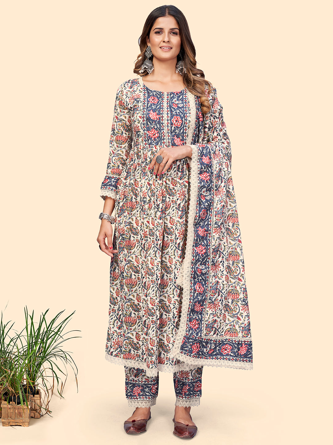 Beige Floral Print Straight Cotton Kurta Set