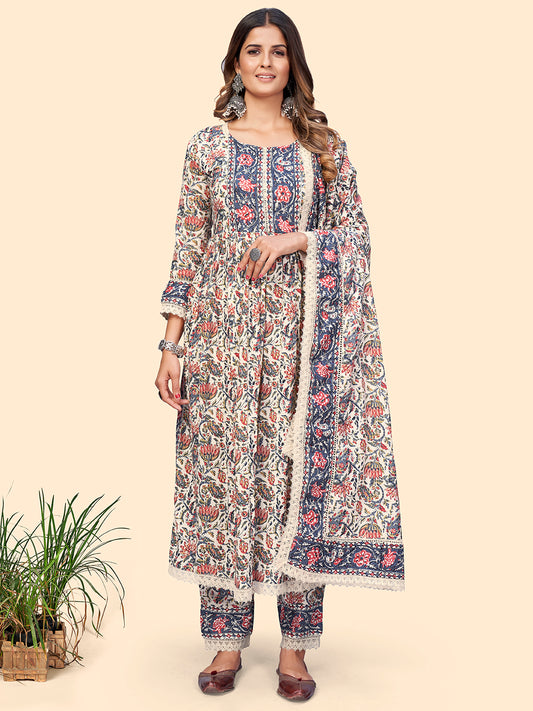 Beige Floral Print Straight Cotton Kurta Set