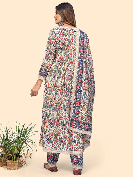 Beige Floral Print Straight Cotton Kurta Set