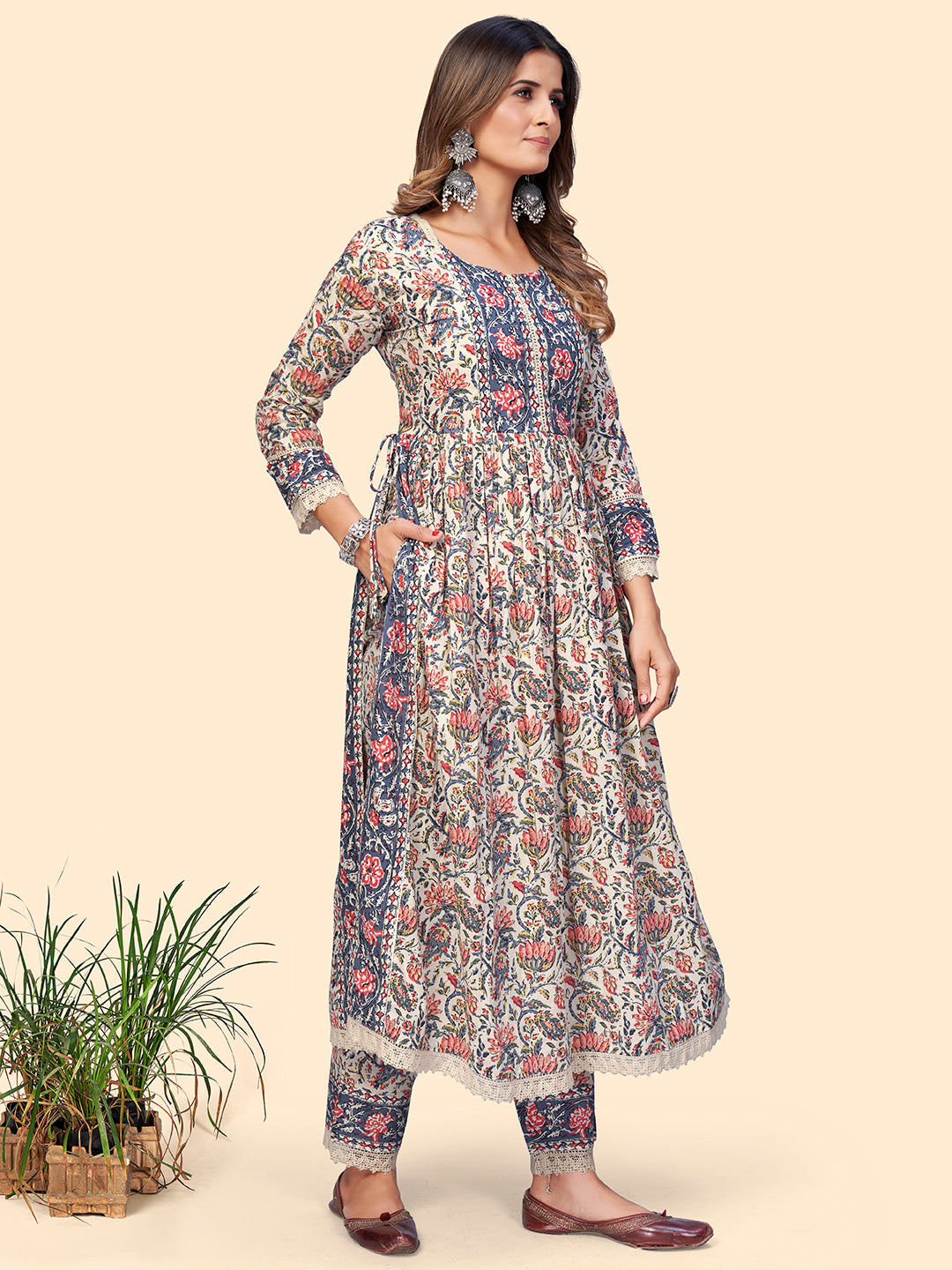 Beige Floral Print Straight Cotton Kurta Set
