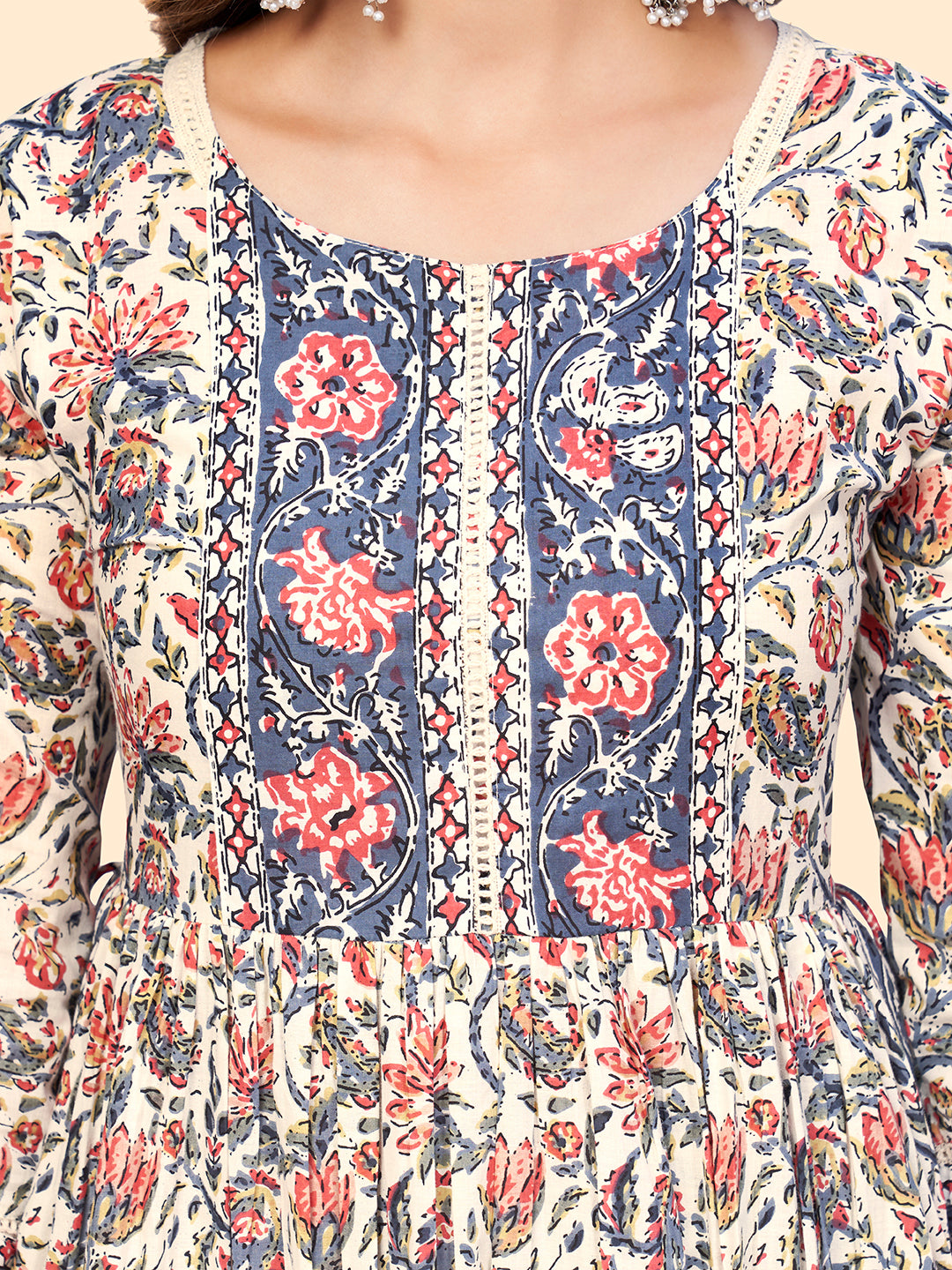 Beige Floral Print Straight Cotton Kurta Set
