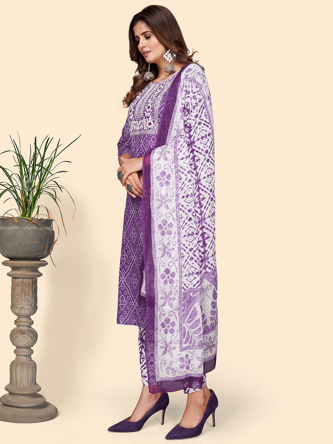 Lavender Embroidered Straight Cotton Kurta Set