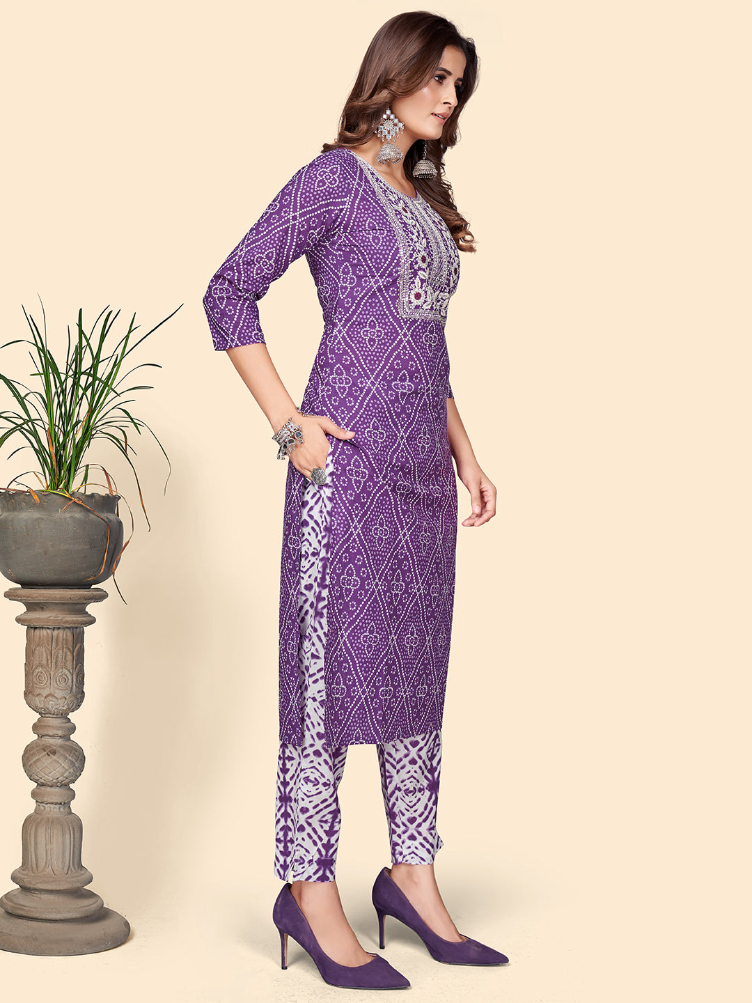 Lavender Embroidered Straight Cotton Kurta Set