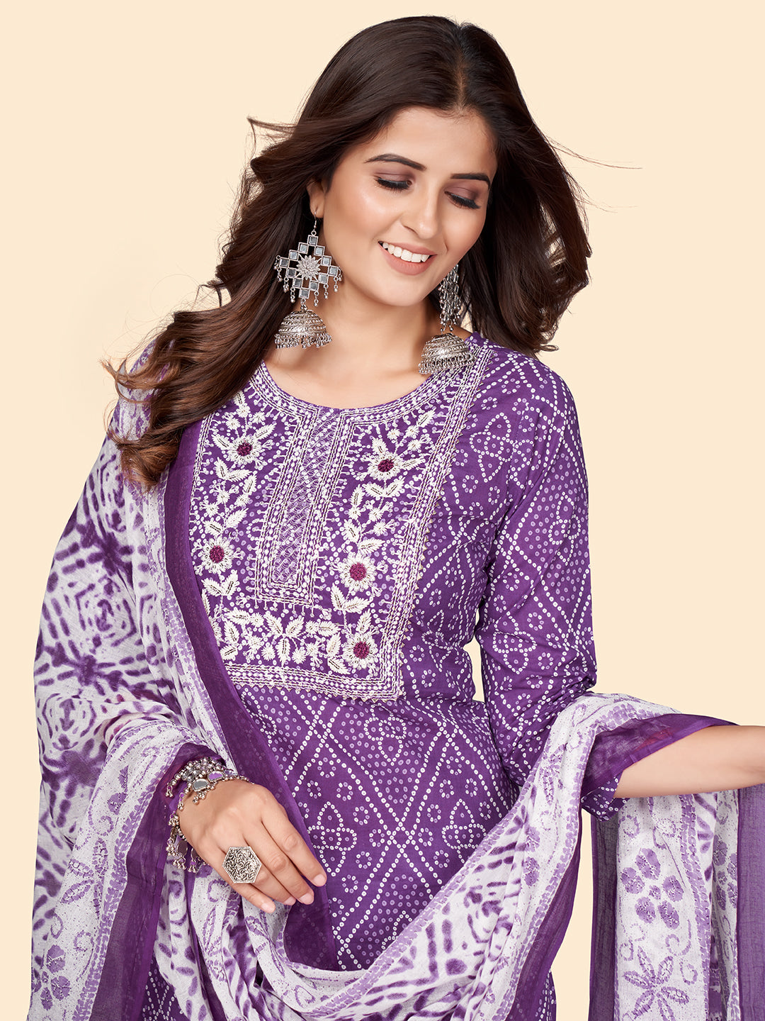 Lavender Embroidered Straight Cotton Kurta Set