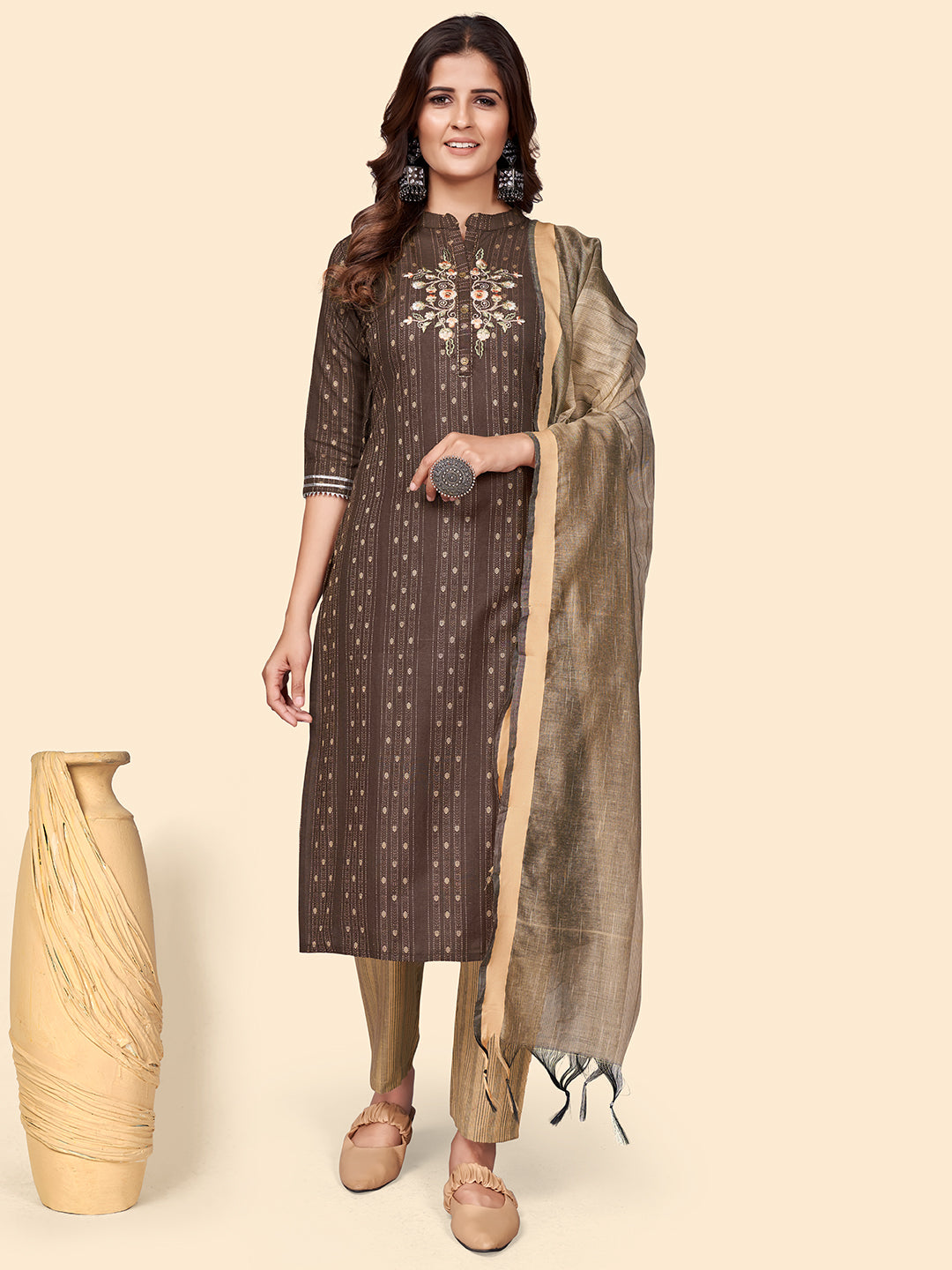 Brown Embroidered Straight Cotton Blend Kurta Set