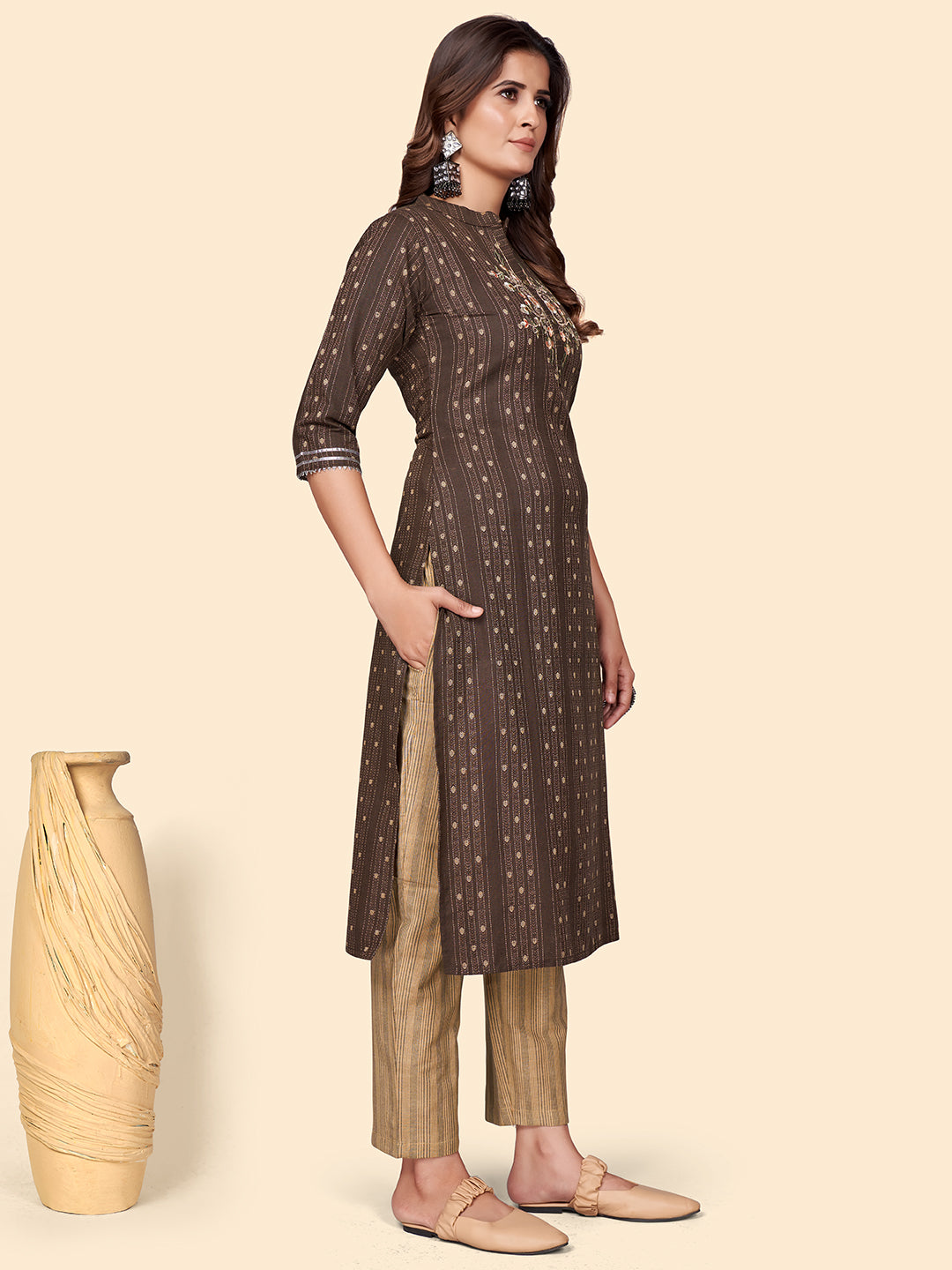 Brown Embroidered Straight Cotton Blend Kurta Set