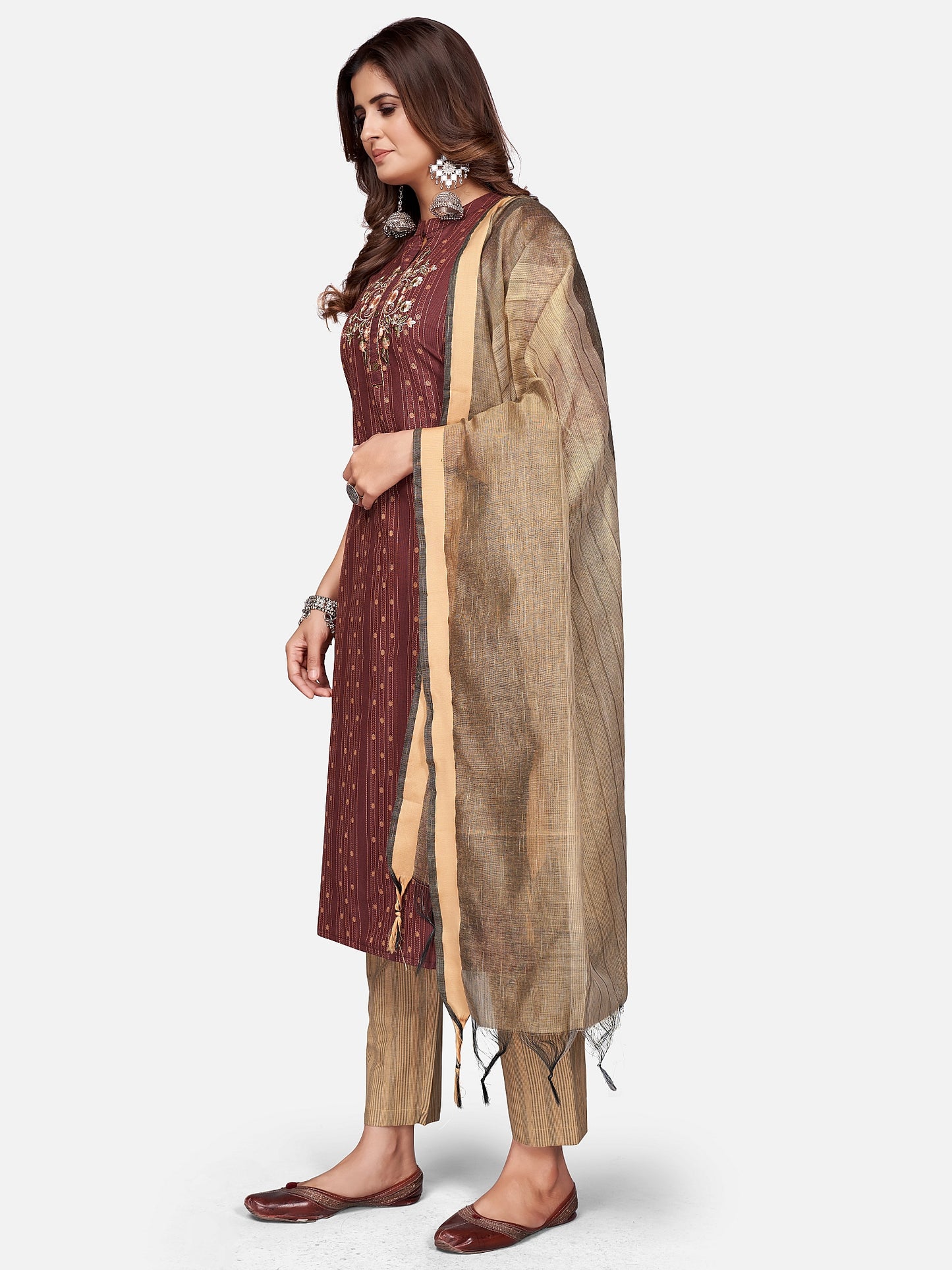 Maroon Embroidered Straight Cotton Blend Kurta Set