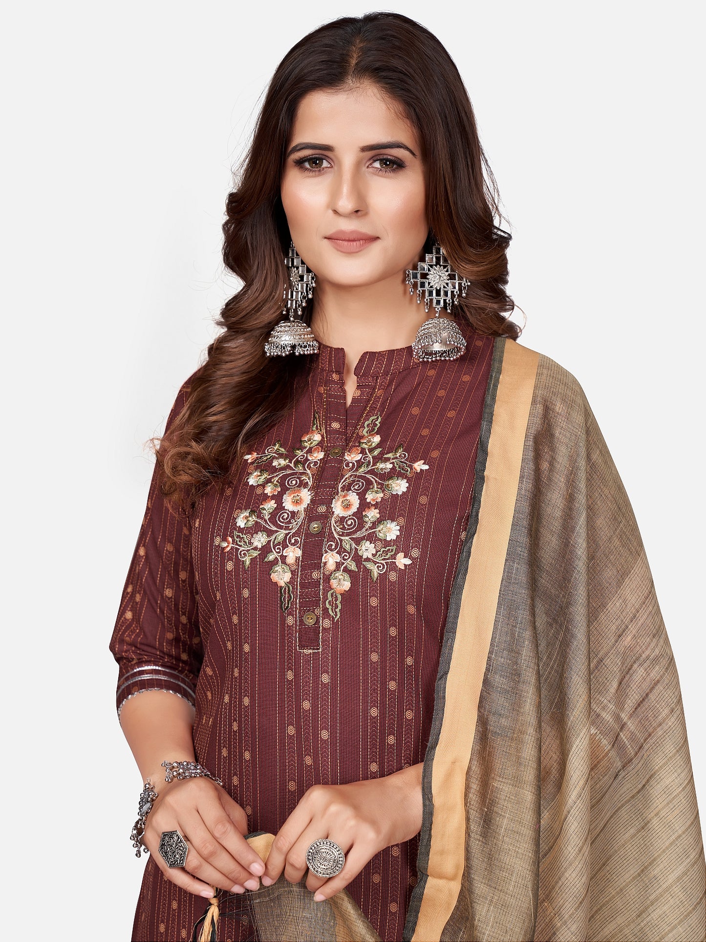 Maroon Embroidered Straight Cotton Blend Kurta Set
