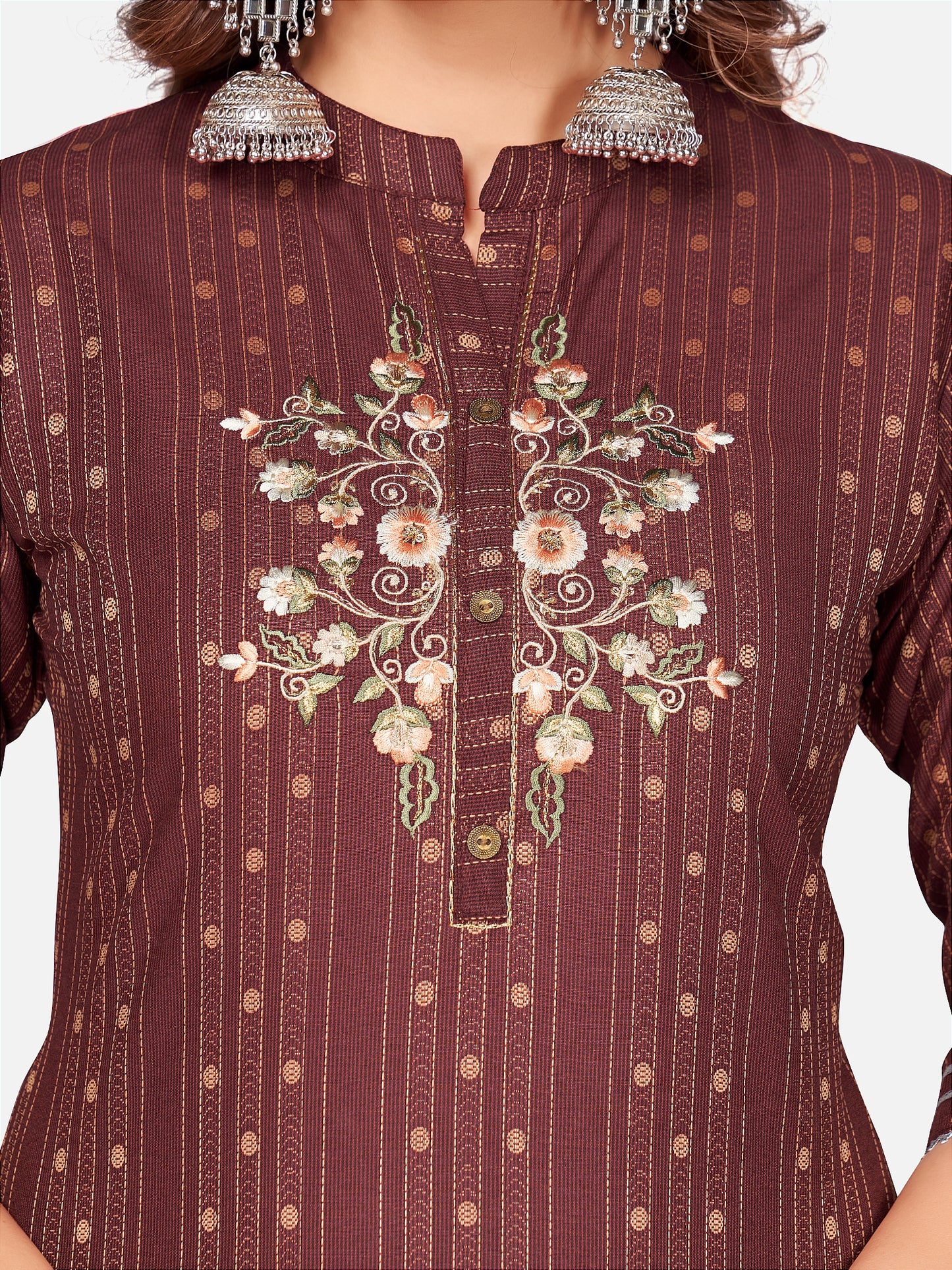 Maroon Embroidered Straight Cotton Blend Kurta Set