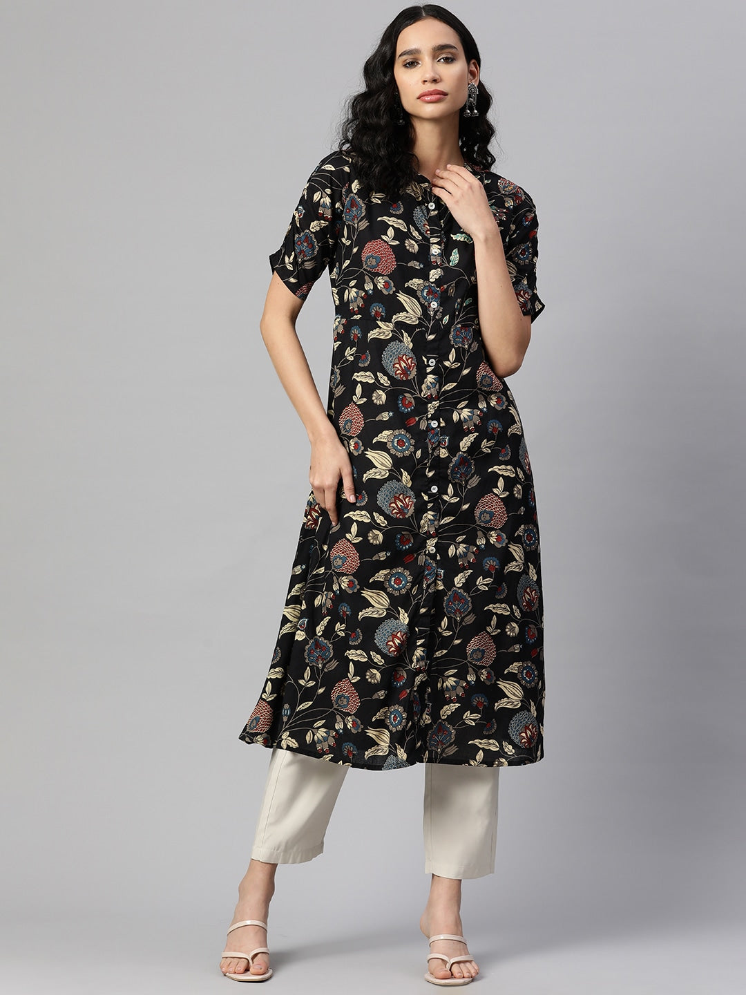 Black Print & Hand Work A-Line Cotton Kurta