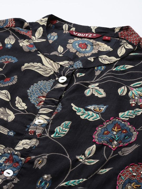 Black Print & Hand Work A-Line Cotton Kurta