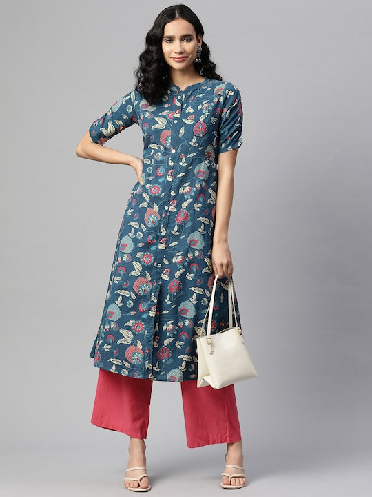 Dark Aqua A-Line Cotton Kurta