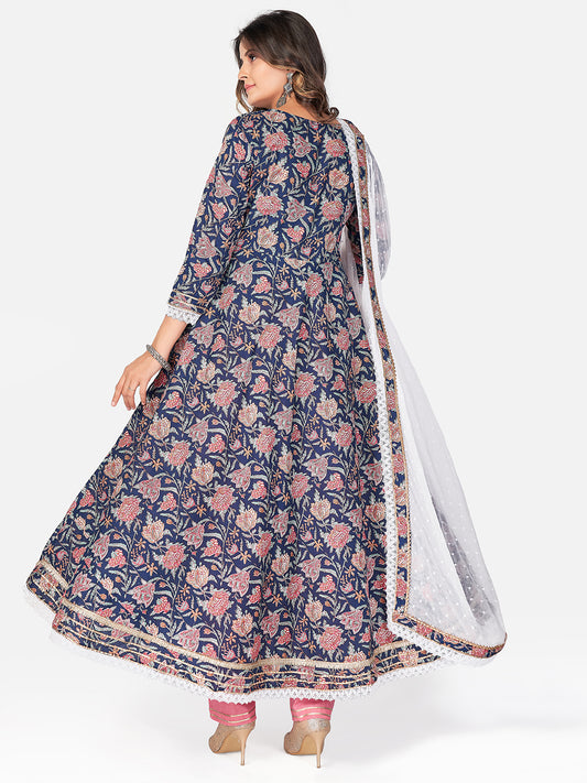 Blue Anarkali Cotton Kurta Set