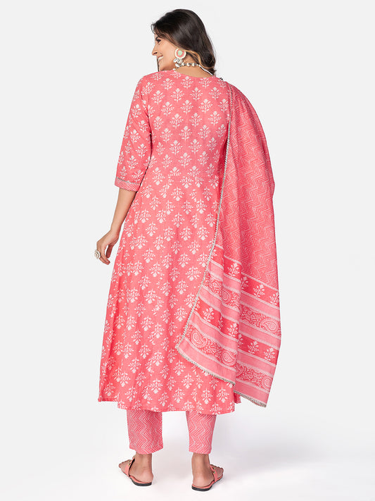 Pink Anarkali Cotton Kurta Set