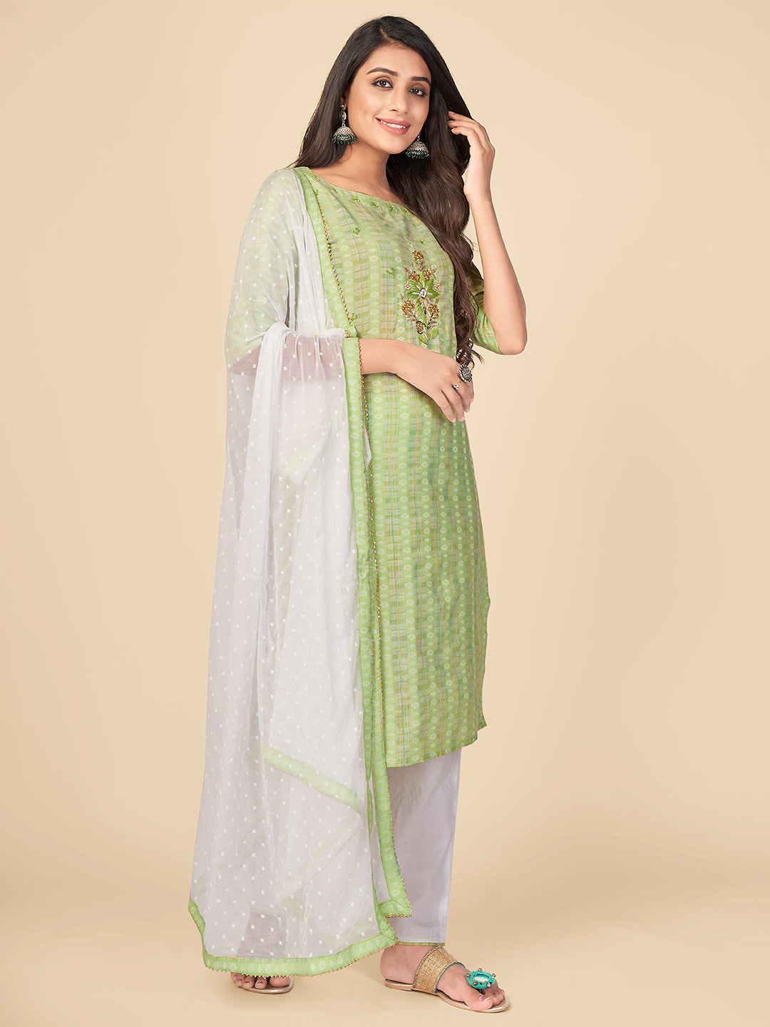Parrot Green Straight Cotton Kurta Set