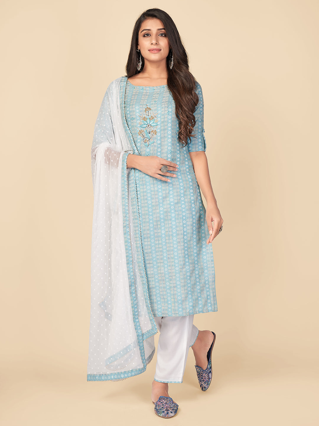 Sky Blue Printed Straight Cotton Kurta Set