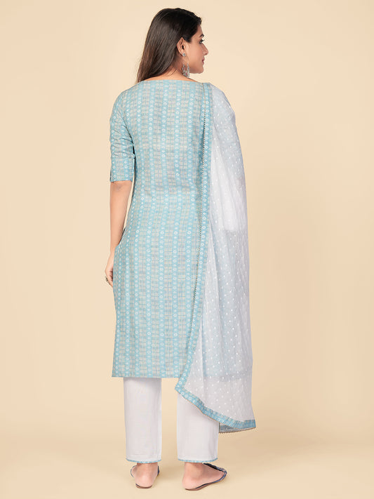 Sky Blue Printed Straight Cotton Kurta Set