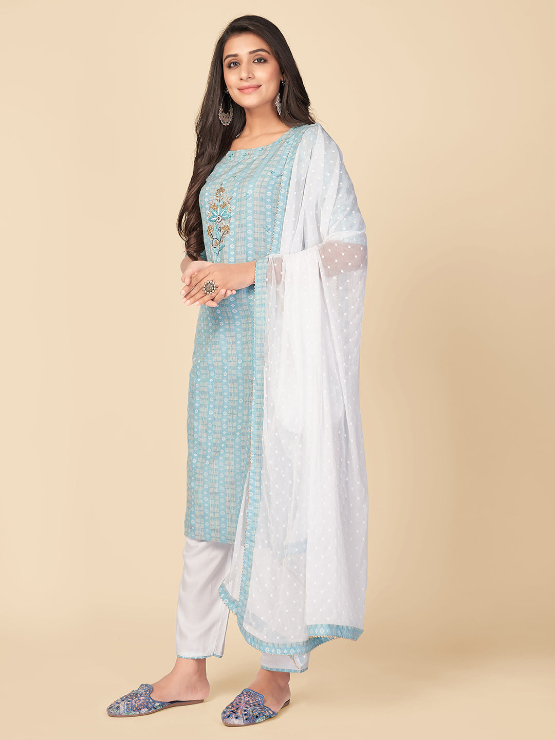 Sky Blue Printed Straight Cotton Kurta Set
