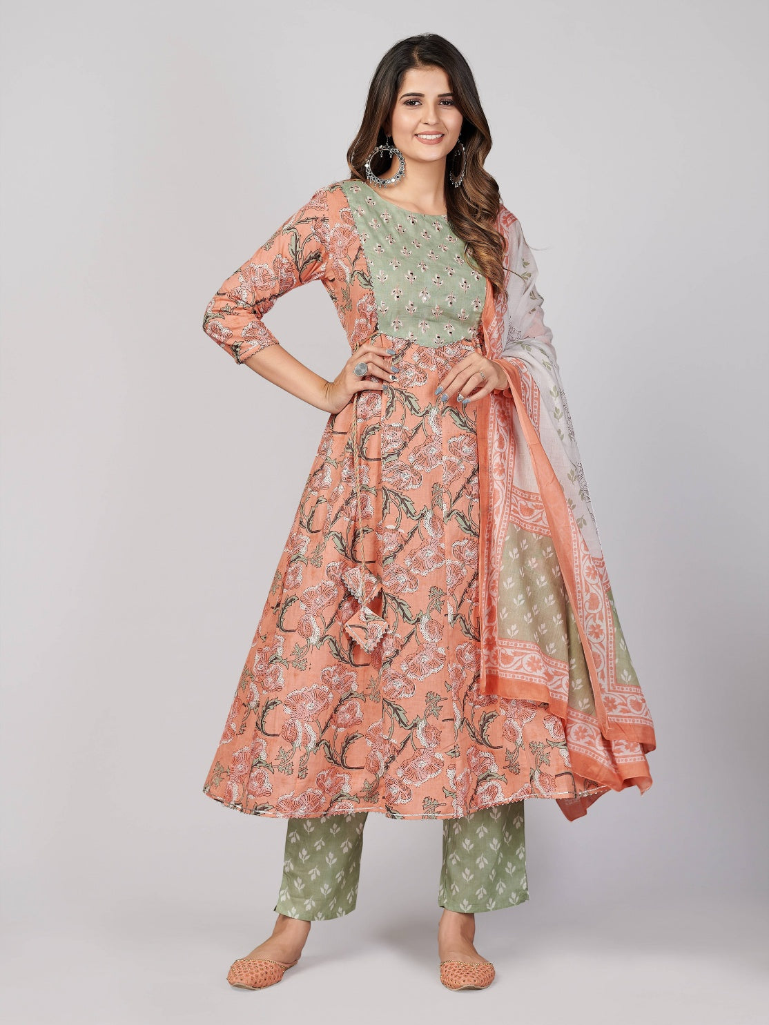 Peach Anarkali Cotton Kurta Set