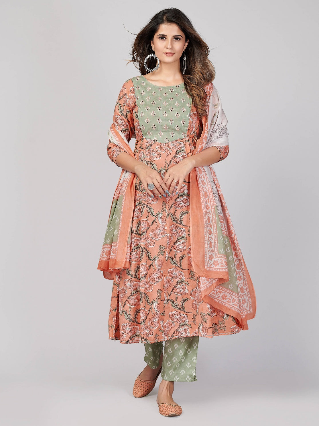 Peach Anarkali Cotton Kurta Set