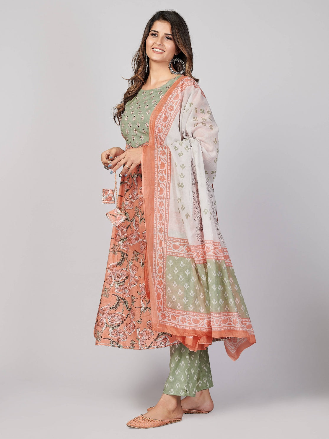 Peach Anarkali Cotton Kurta Set