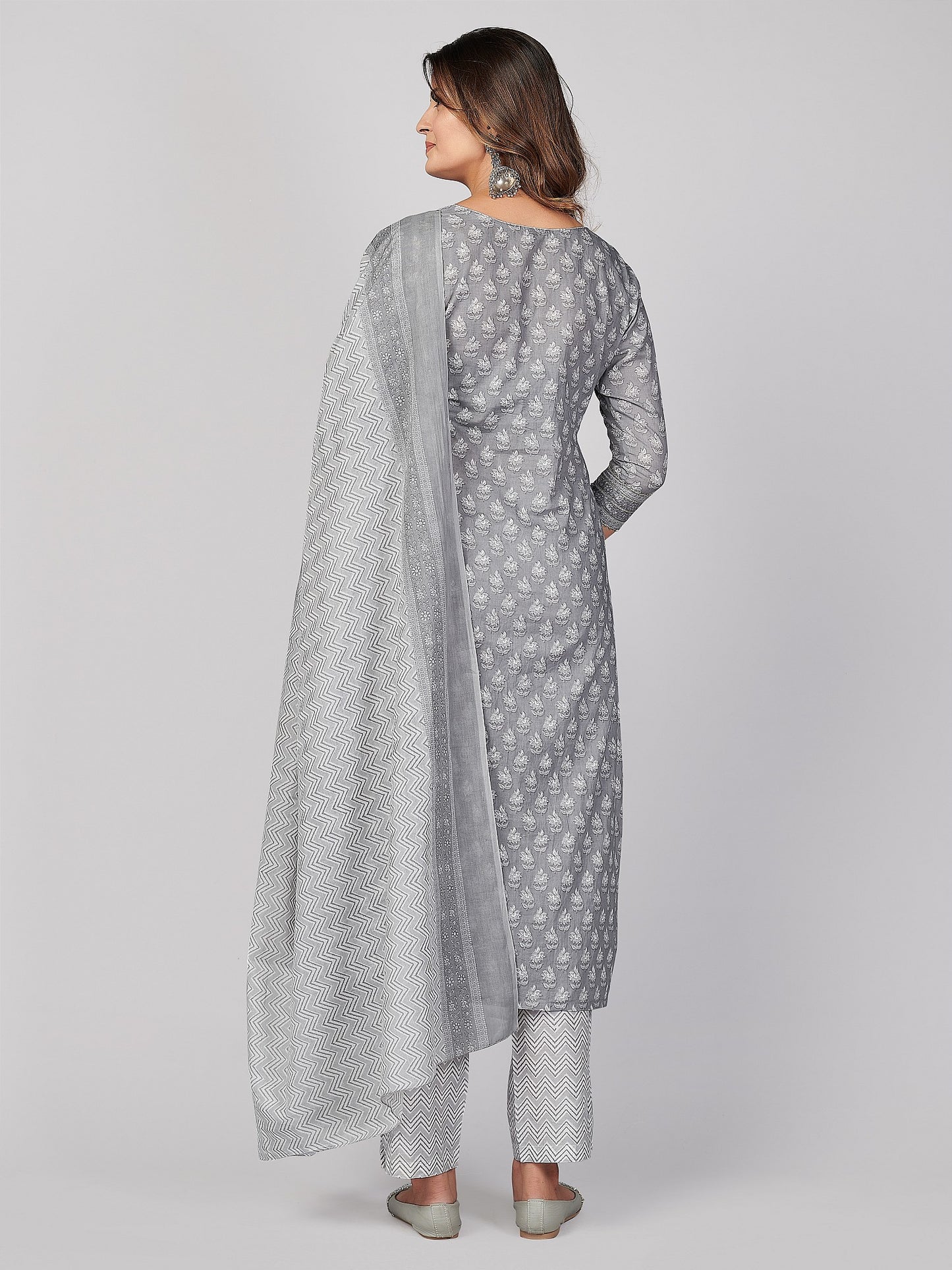 Grey Embroidered Straight Cotton Kurta Set