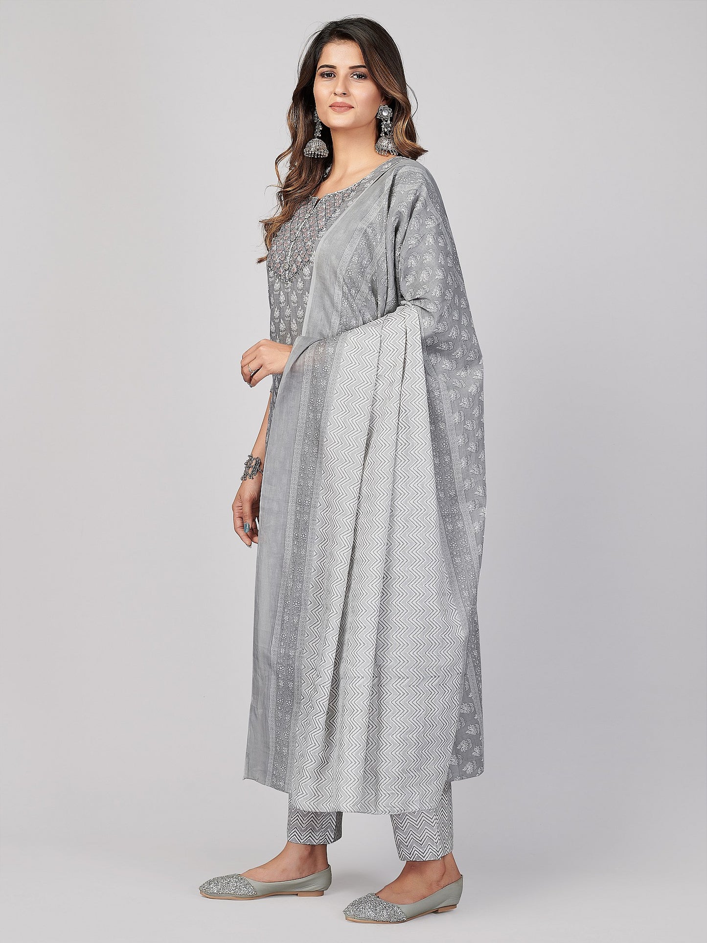 Grey Embroidered Straight Cotton Kurta Set