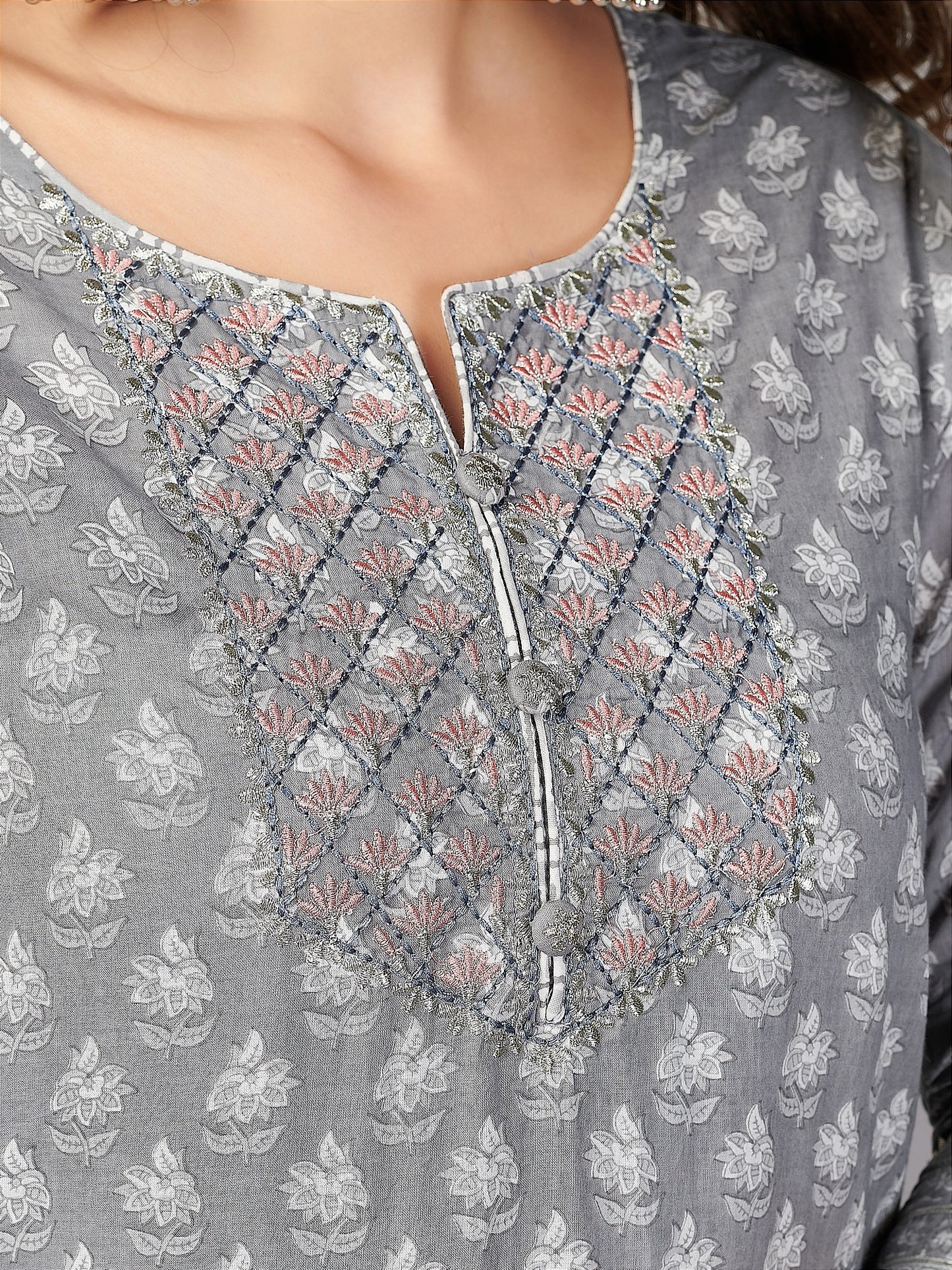 Grey Embroidered Straight Cotton Kurta Set