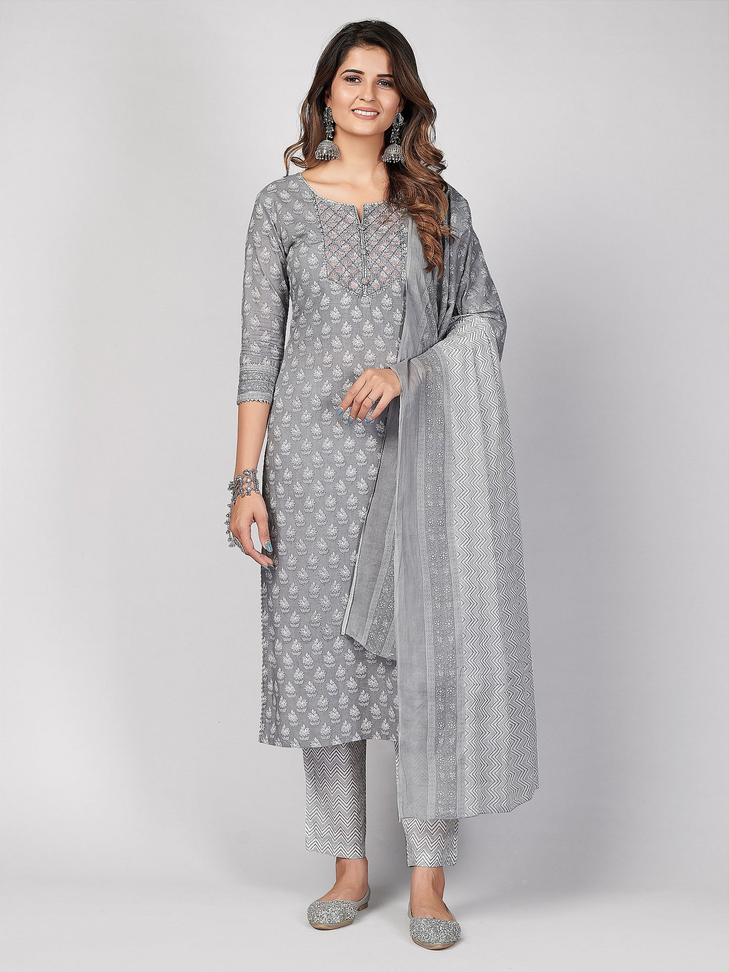 Grey Embroidered Straight Cotton Kurta Set