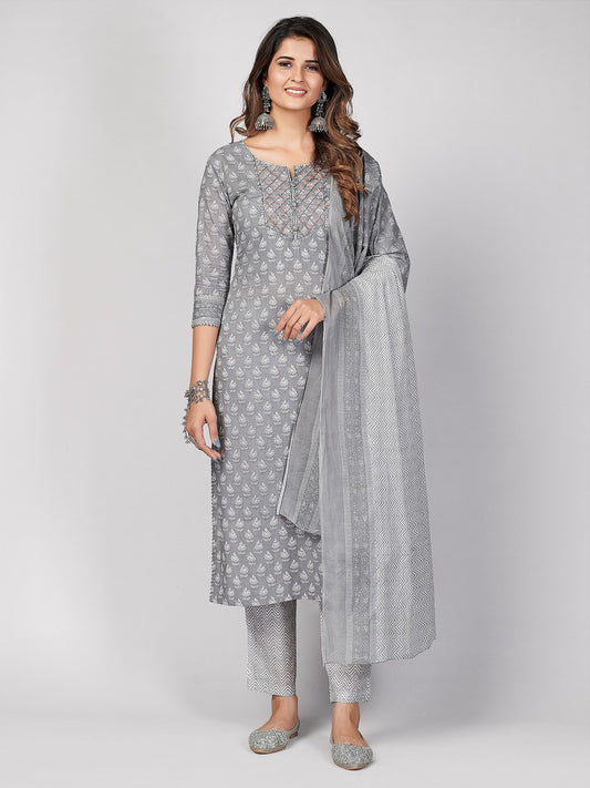 Grey Embroidered Straight Cotton Kurta Set