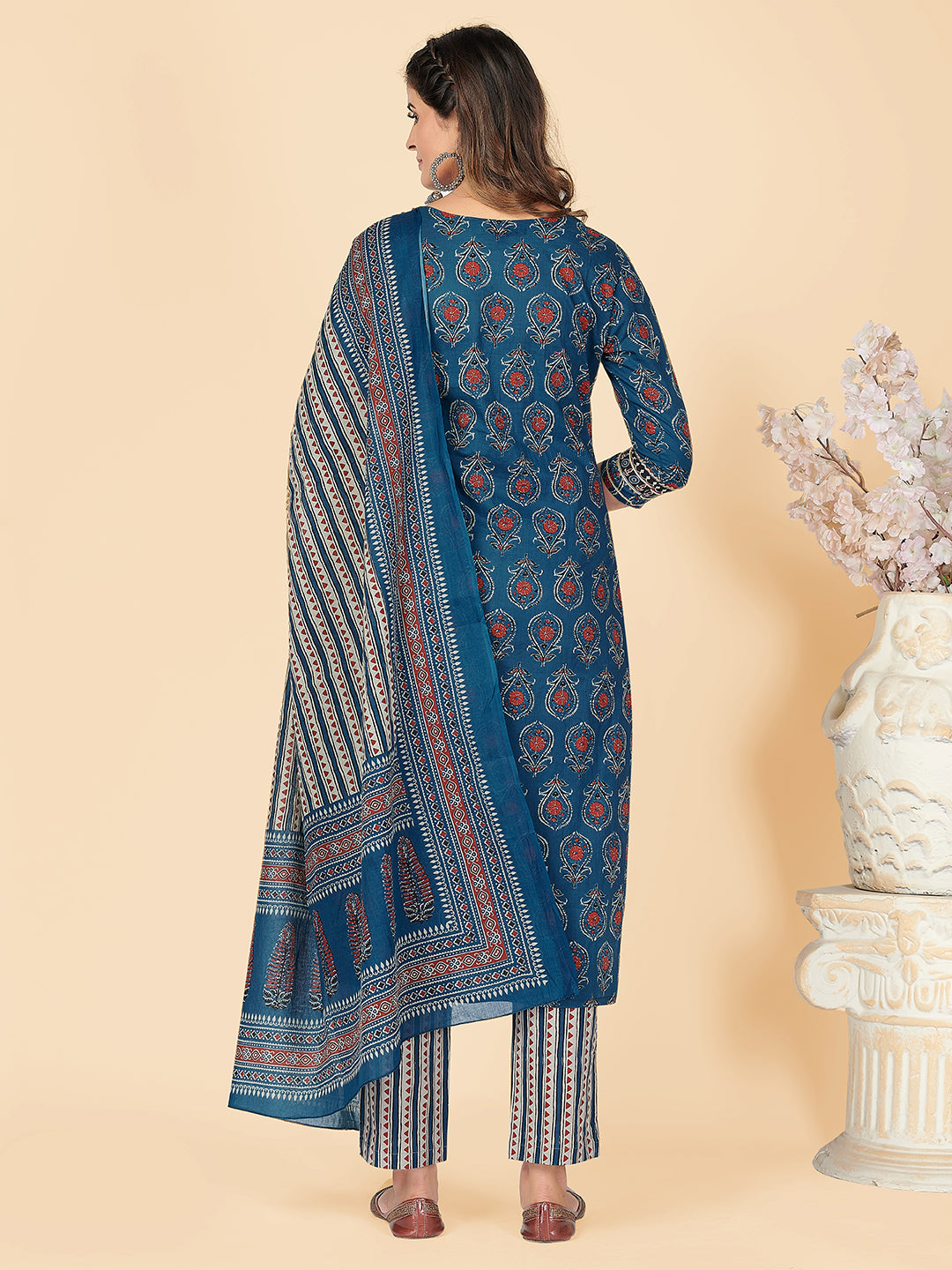 Blue Sequience & Hand Work Straight Cotton Kurta Set