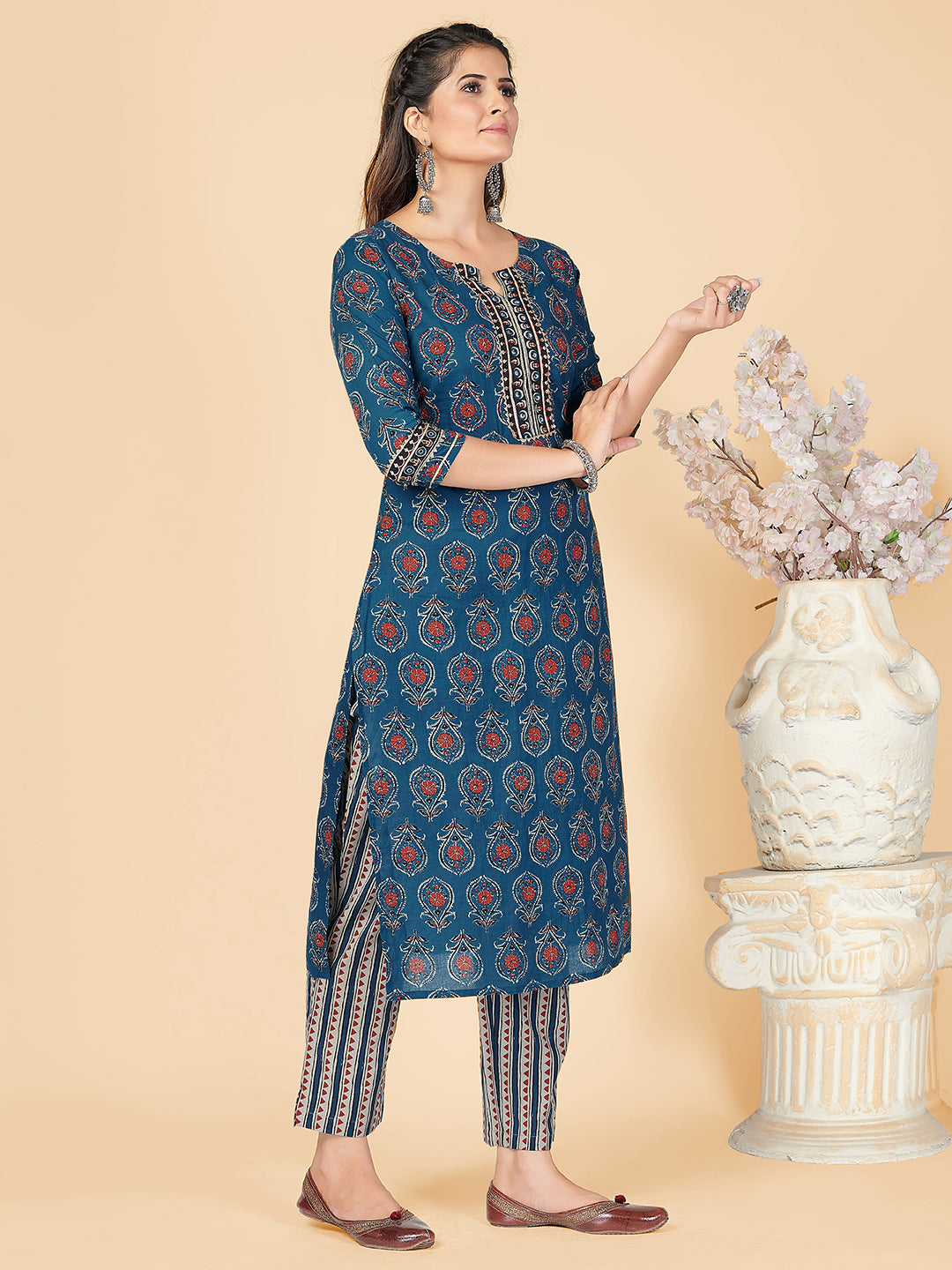Blue Sequience & Hand Work Straight Cotton Kurta Set