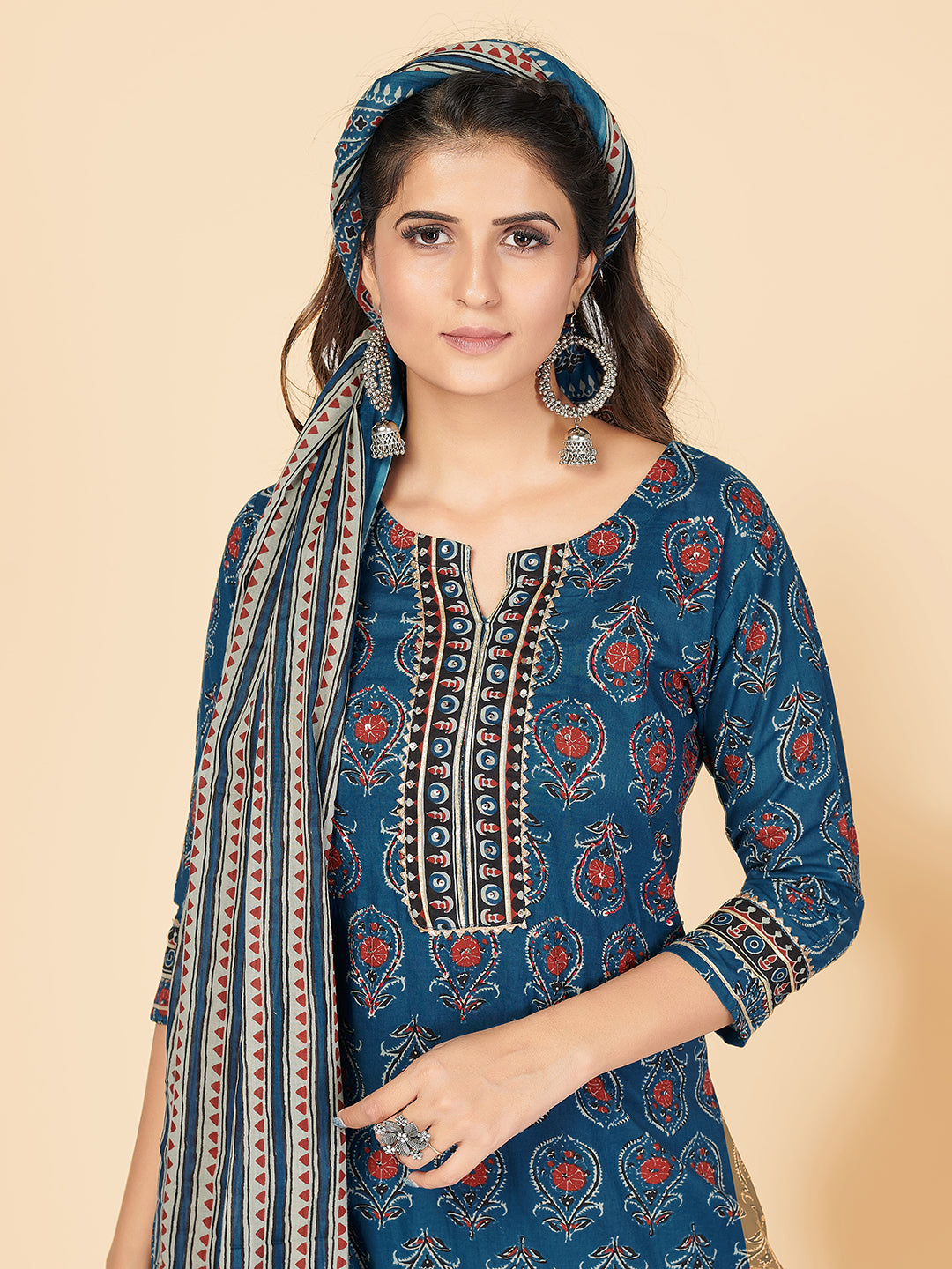 Blue Sequience & Hand Work Straight Cotton Kurta Set