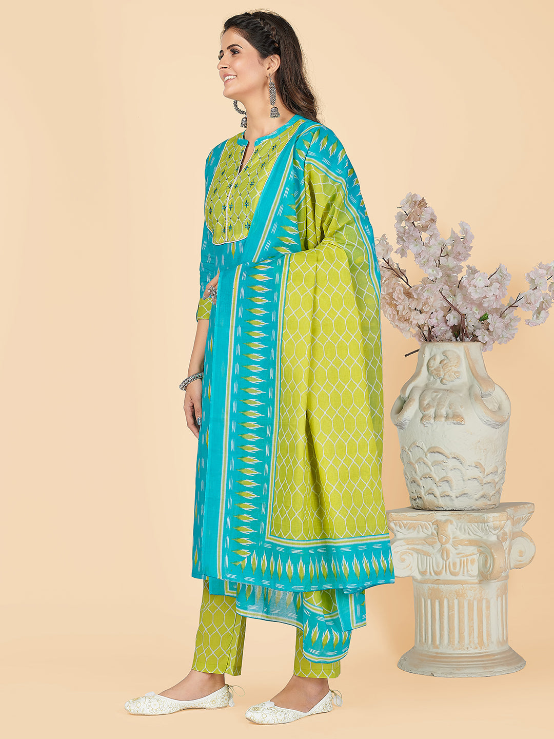 Sky Blue Embroidered Straight Cotton Kurta Set