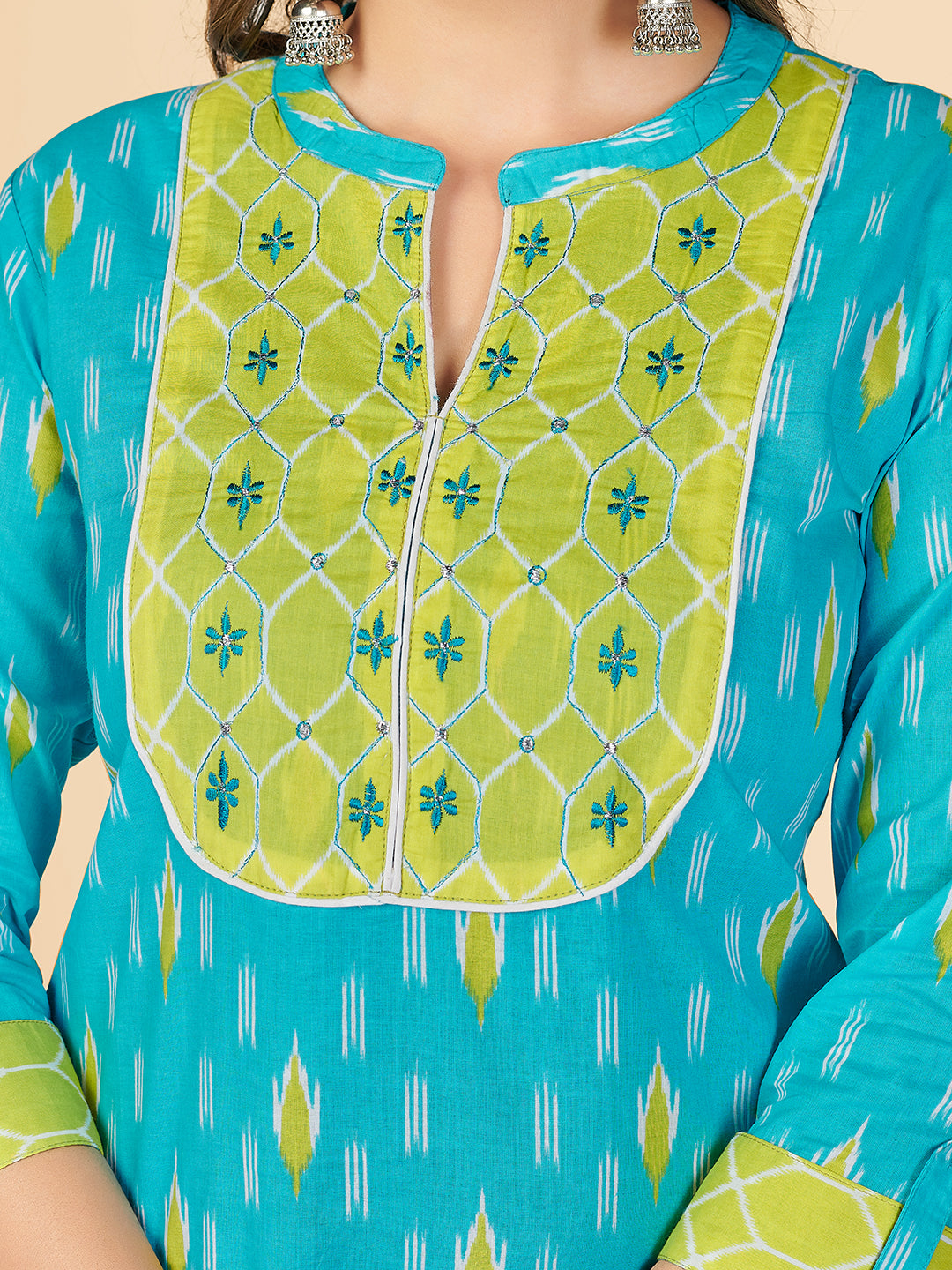 Sky Blue Embroidered Straight Cotton Kurta Set