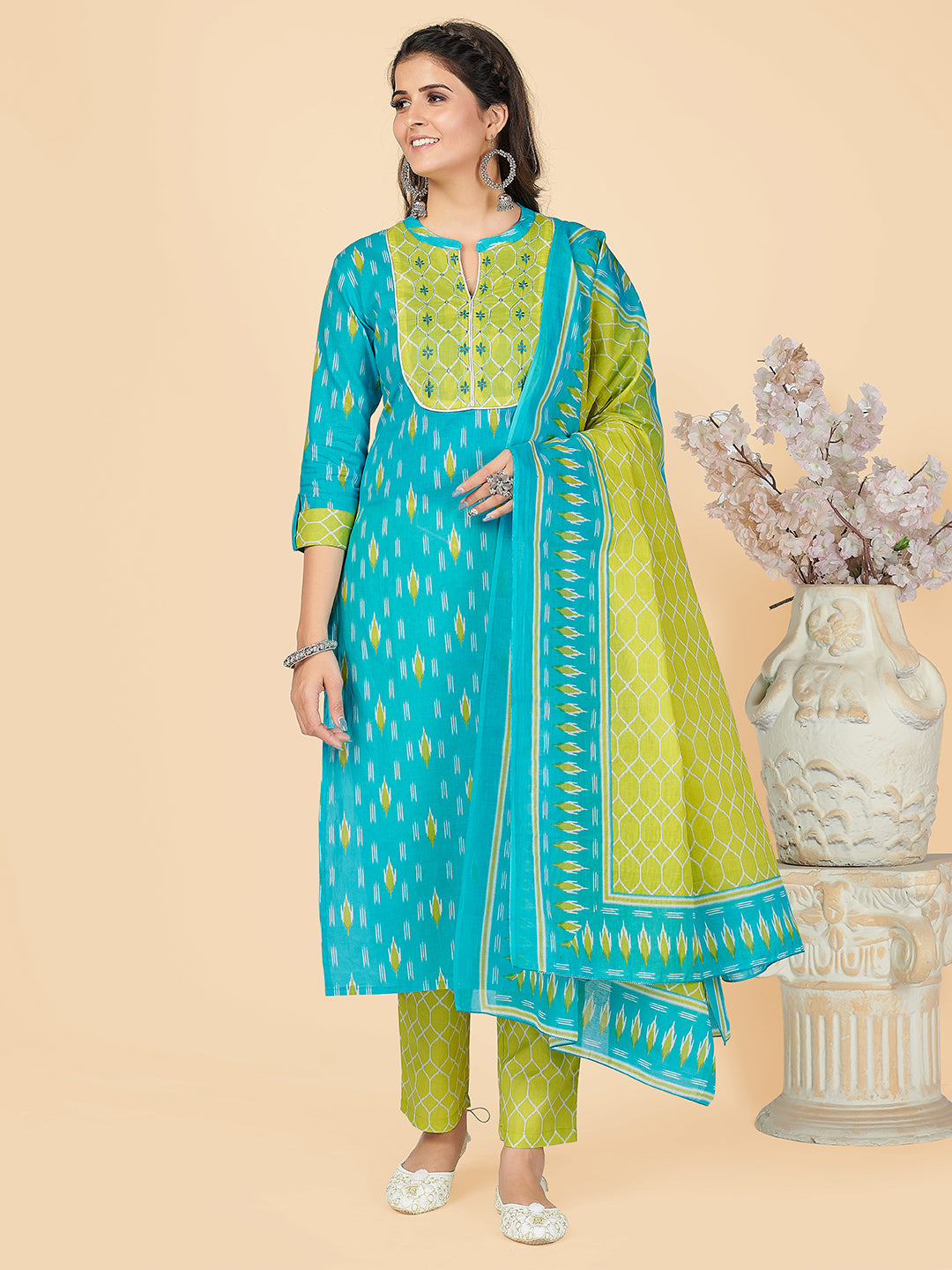 Sky Blue Embroidered Straight Cotton Kurta Set