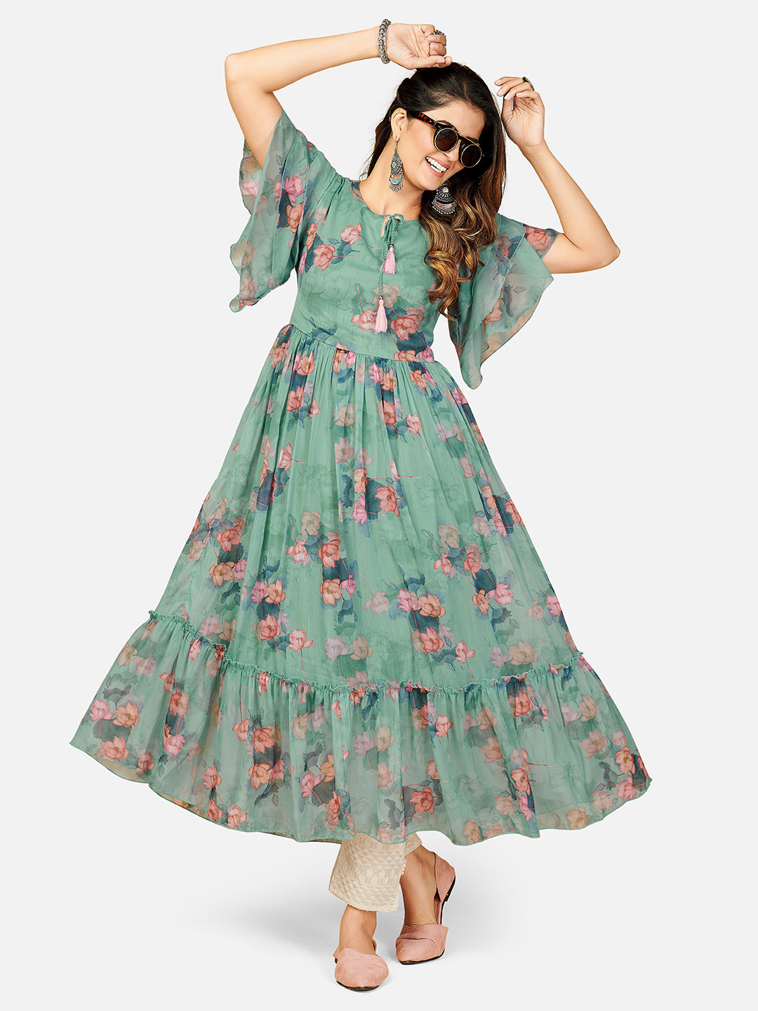 Aqua Green Printed Anarkali Georgette Dress