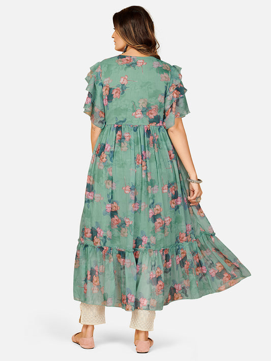 Aqua Green Printed Anarkali Georgette Dress