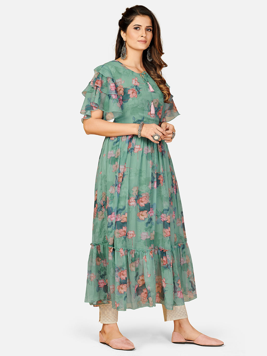Aqua Green Printed Anarkali Georgette Dress
