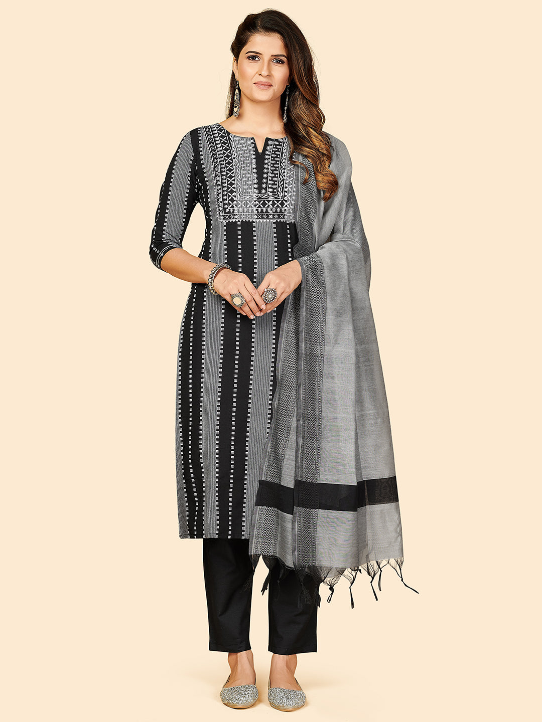 Black Embroidered Straight Cotton Kurta Set
