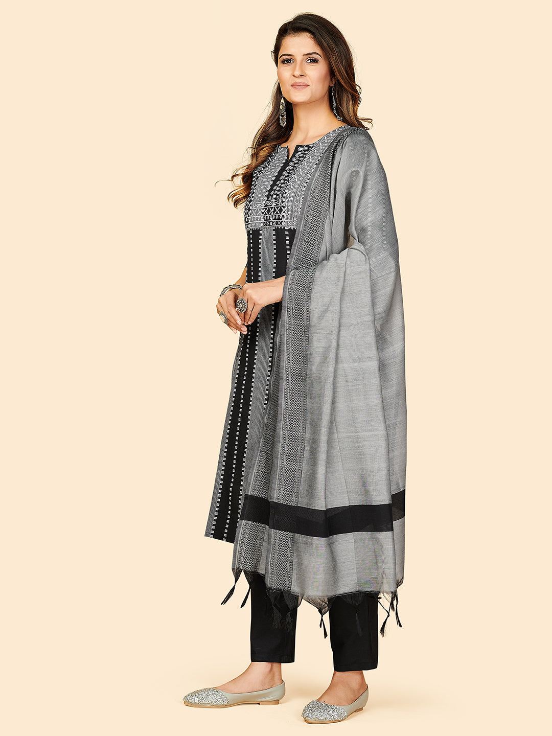 Black Embroidered Straight Cotton Kurta Set